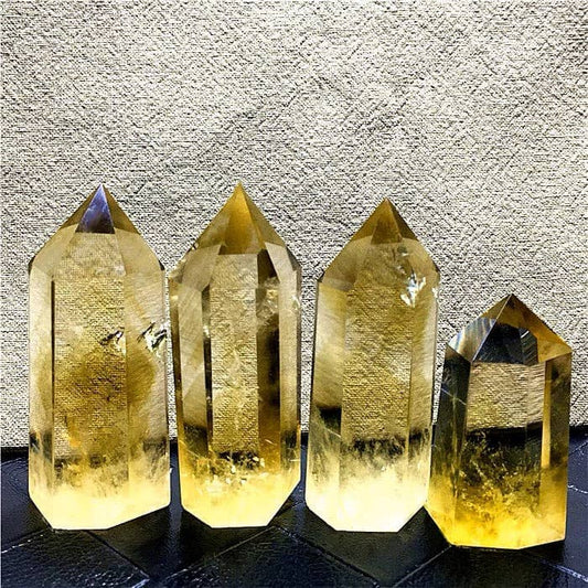 Four AAAA Grade Natural Brazilian Citrine Tower Crystals with Unique Faceted Shapes and Bright Yellow Color