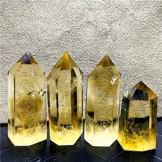 Four AAAA Grade Natural Brazilian Citrine Tower Crystals with Unique Faceted Shapes and Bright Yellow Color