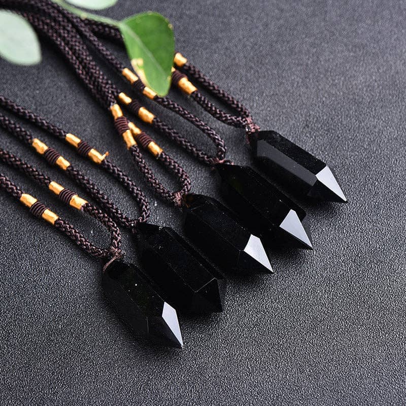 Five handcrafted Black Obsidian Pendants on braided cords for spiritual and healing practices