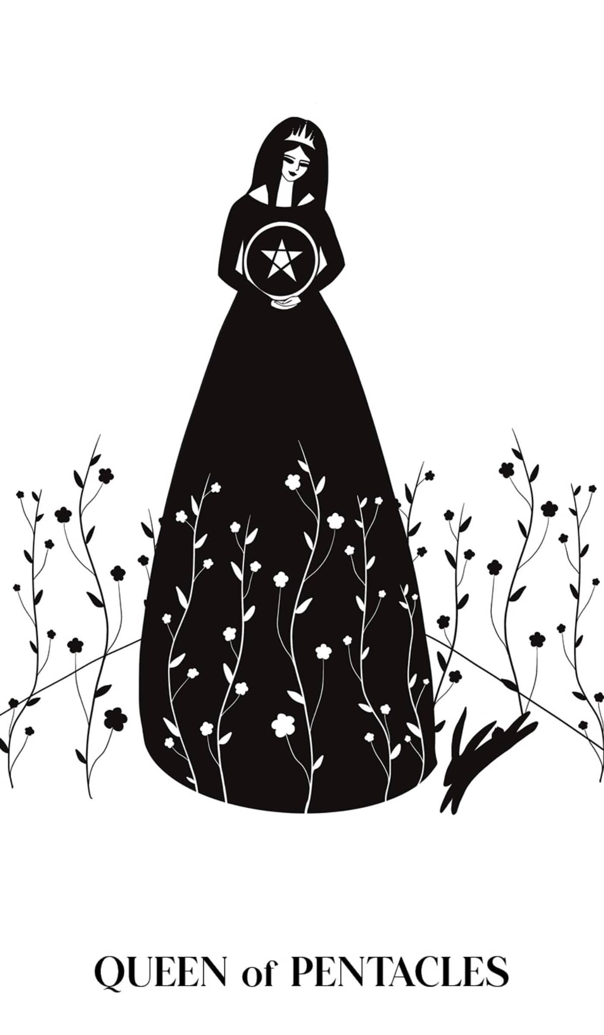 Illustration of Queen of Pentacles with a pentacle, featuring Black Violet Tarot design elements