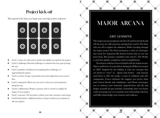 Black Violet Tarot card spread layout with guidance for creative projects and insights from Major Arcana