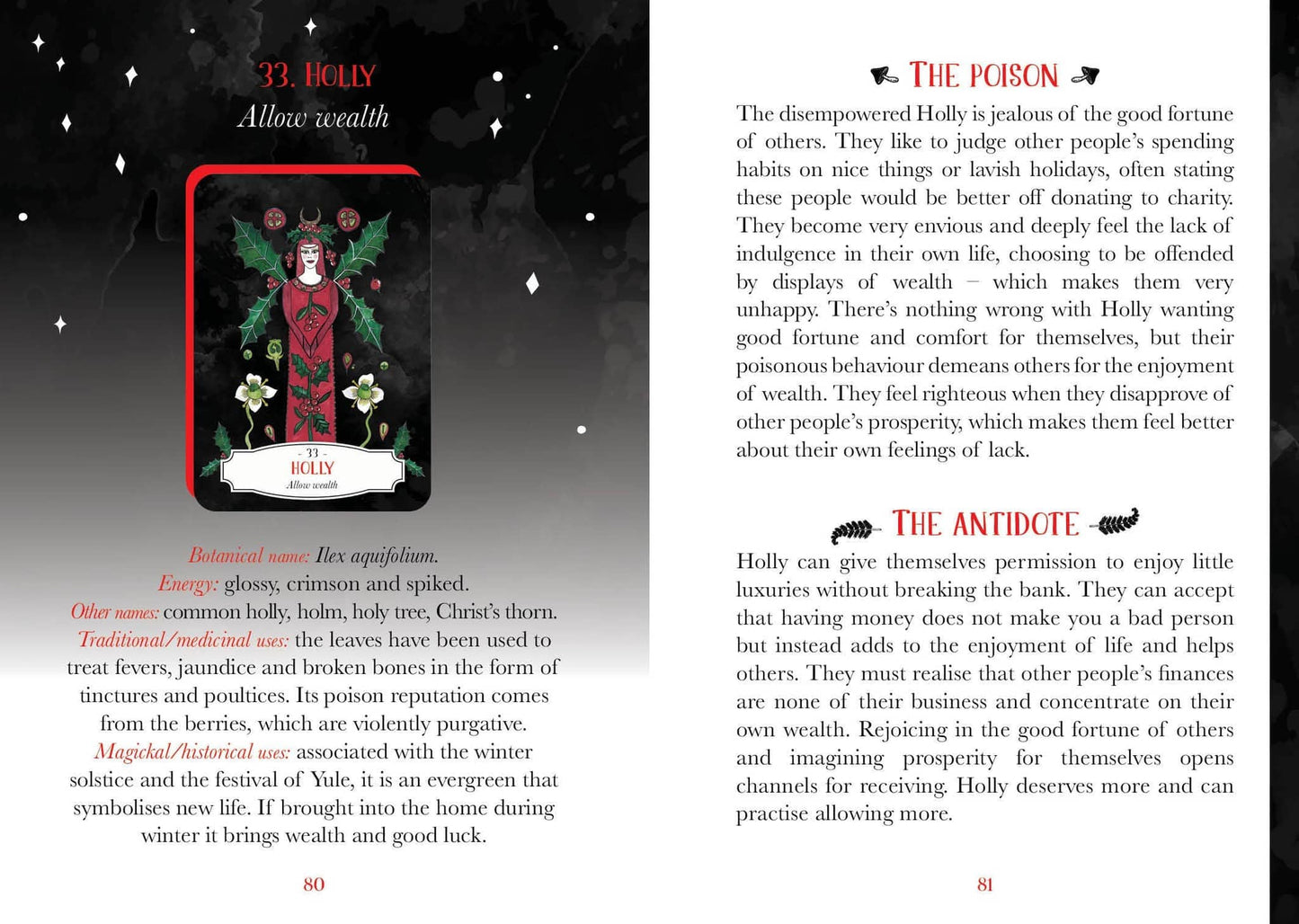 Deadly Apothecary Oracle - Priestess Moon page featuring Holly, discussing wealth and indulgence in a mystical setting