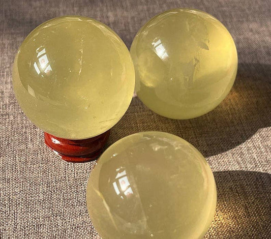 Three Genuine Natural Citrine Crystal Spheres on Wooden Stands for Home Decor and Meditation