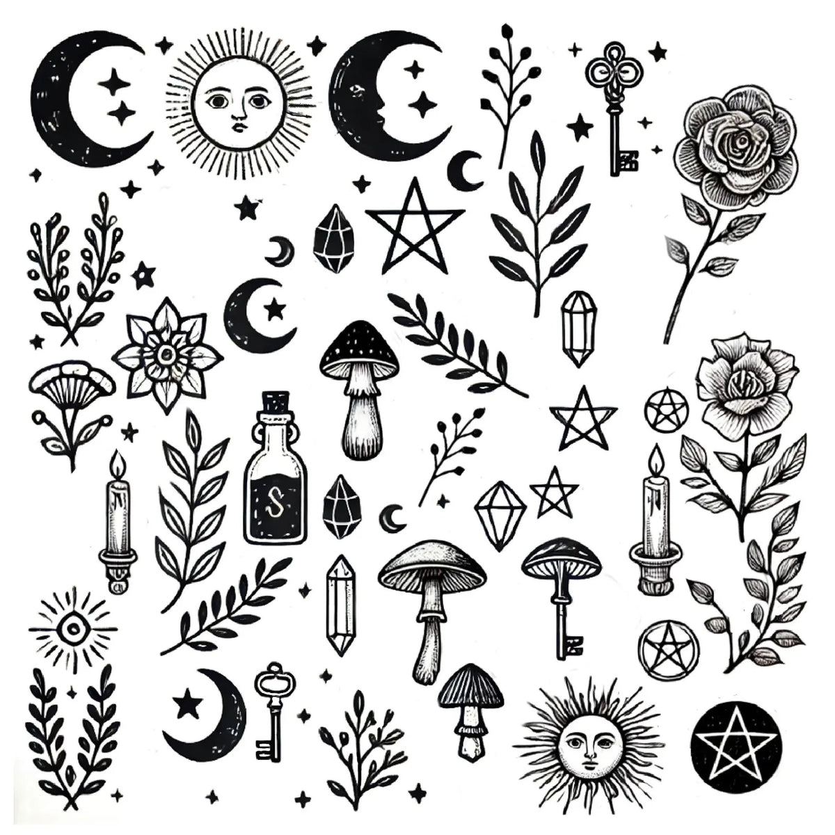Black Dahlia Botánica tattoo flash sheet featuring bold, artistic designs in black ink on white background.