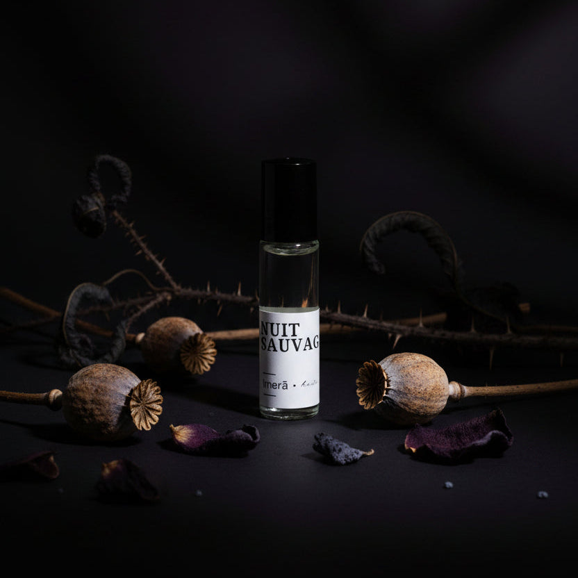 Nuit Savage Perfume Oil in a small roller bottle with a black cap for easy application
