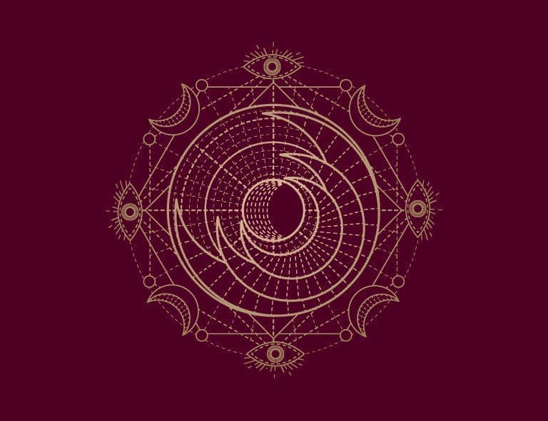 Intricate circular design with mystical symbols representing spells and spiritual energy
