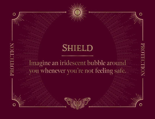ROCKPOOL PUBLISHING Shield card featuring spells for protection and projection imagery