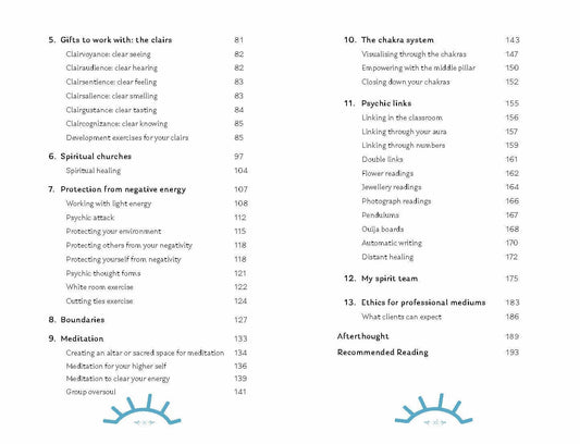 Table of contents from ROCKPOOL PUBLISHING book on Mediumship with chapters on psychic links and spiritual energy