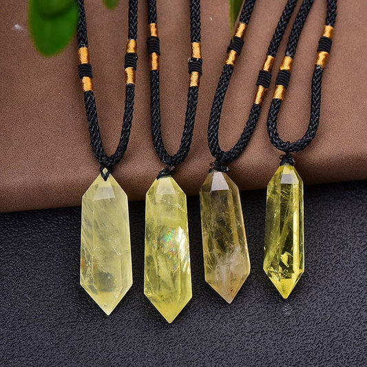 Natural Citrine Crystal Pendant in various geometric shapes on a black cord necklace