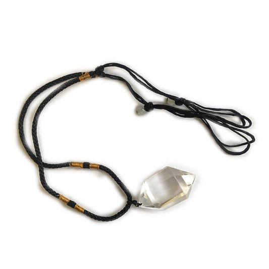 Natural Clear Quartz Crystal Necklace on a braided black cord with adjustable slip knot design