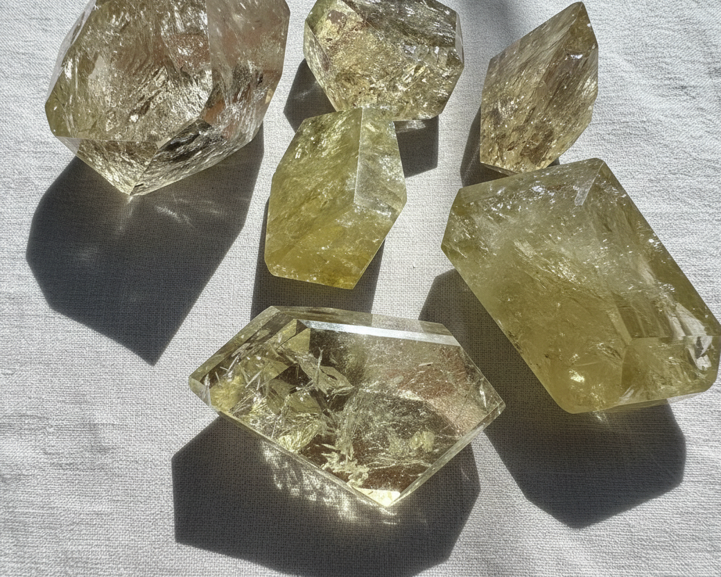 Brazilian Golden Healer Quartz Freeform Crystals in Various Shapes on a Light Fabric Background
