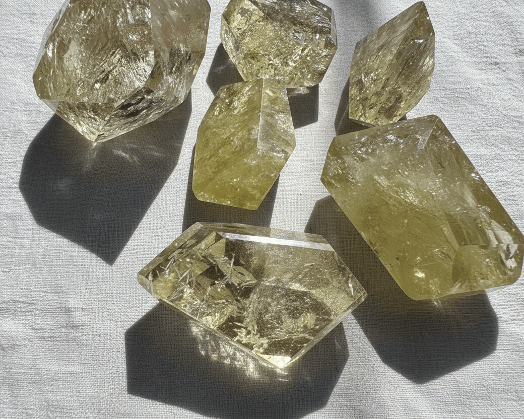Brazilian Golden Healer Quartz Freeform Crystals in Various Shapes on a Light Fabric Background