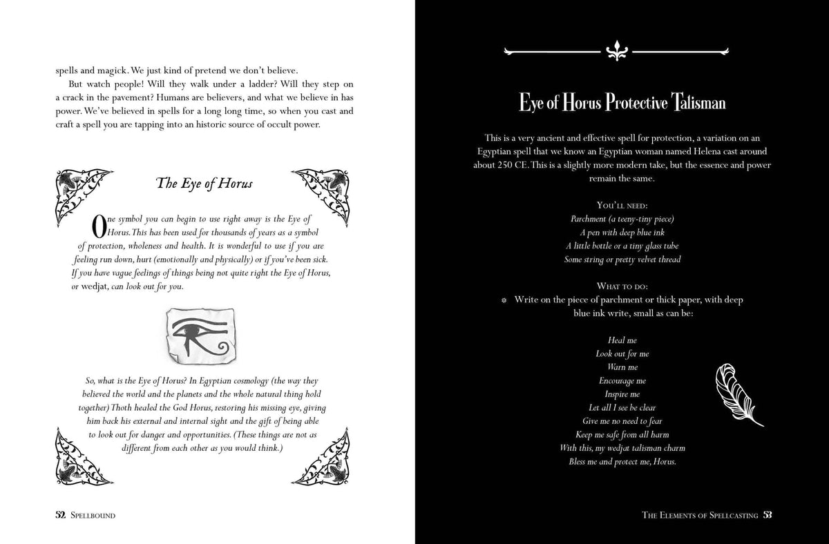 Page from Spellbound: the Secret Grimoire of Lucy Cavendish featuring Eye of Horus talisman and descriptions