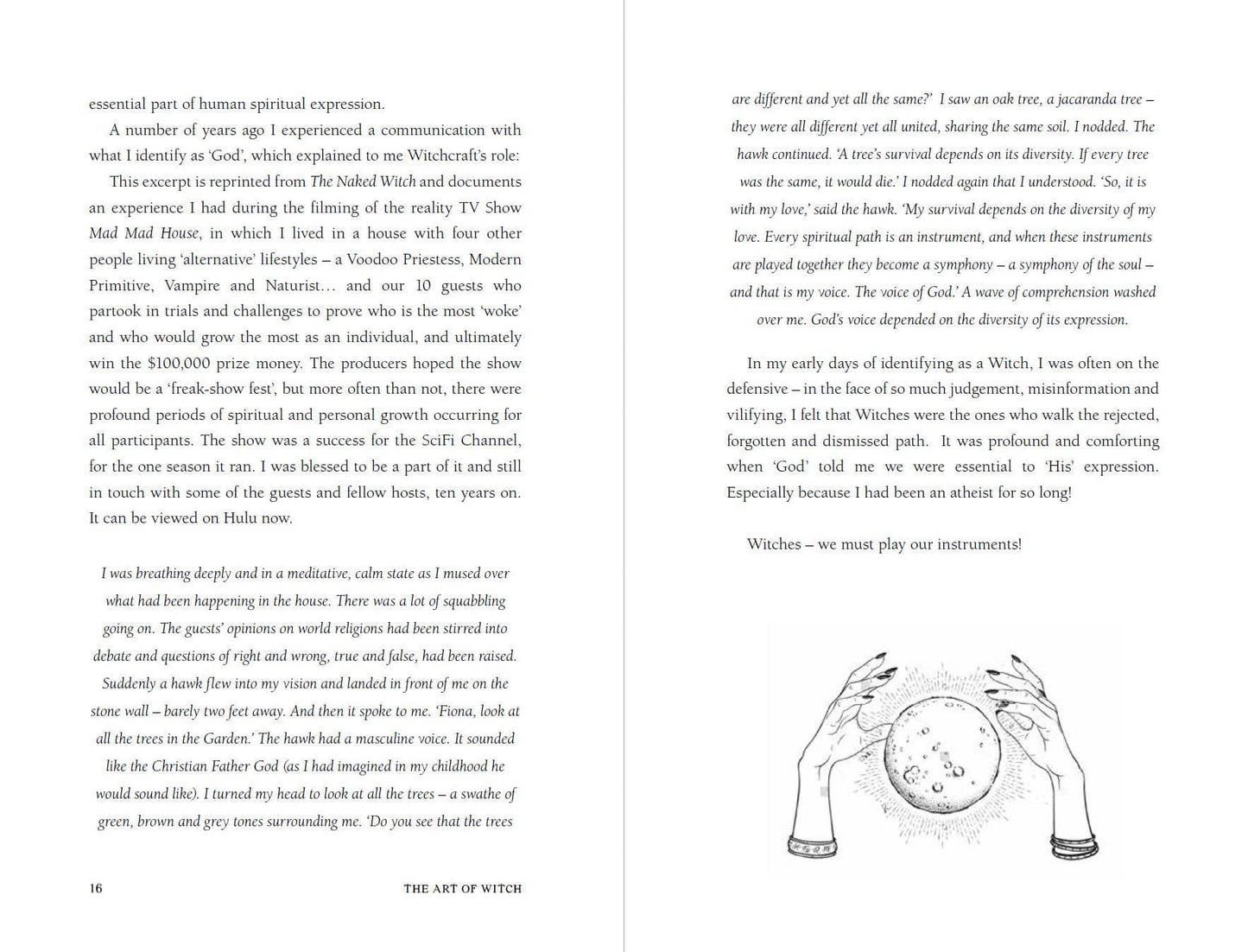 Pages from The Art Of Witch book featuring spiritual expressions and a crystal ball illustration