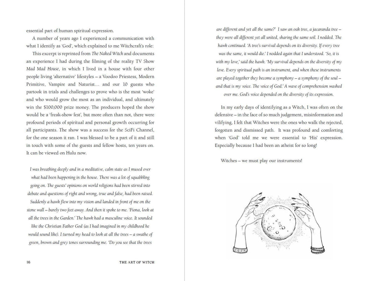Pages from The Art Of Witch book featuring spiritual expressions and a crystal ball illustration
