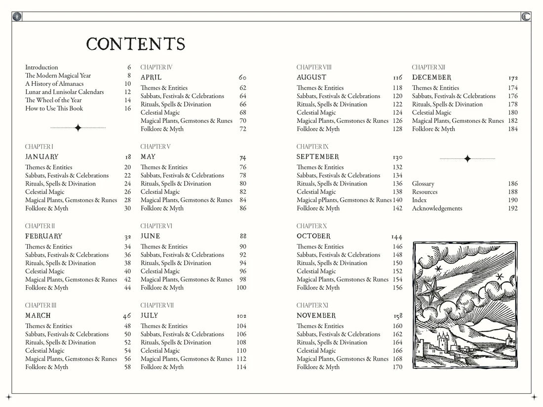 Contents page from The Occult Almanac - Liz Williams showcasing monthly chapters and topics