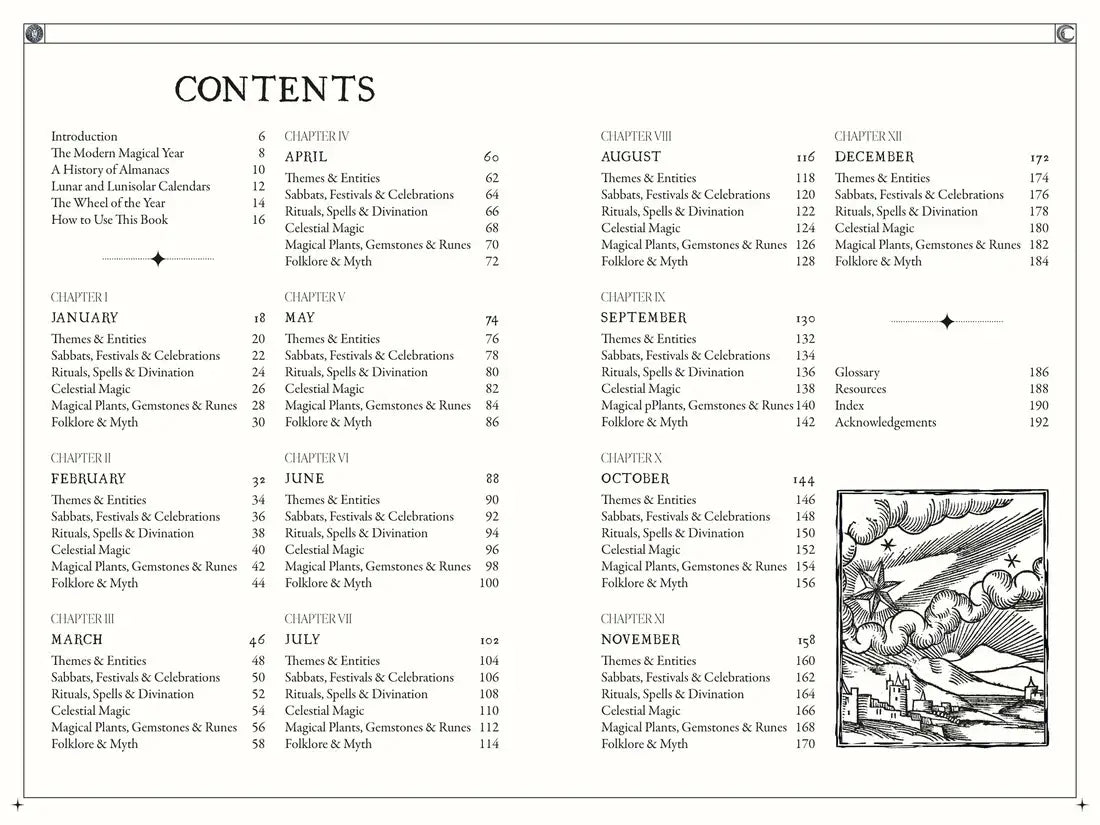Contents page from The Occult Almanac - Liz Williams showcasing monthly chapters and topics