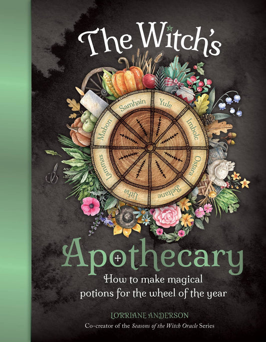 The Witch's Apothecary - Lorraine Anderson book cover featuring a wheel of the year and herbal illustrations