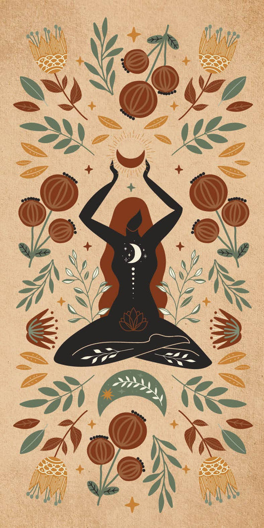 Artistic illustration of a woman meditating surrounded by floral motifs and symbols of Witch Magick
