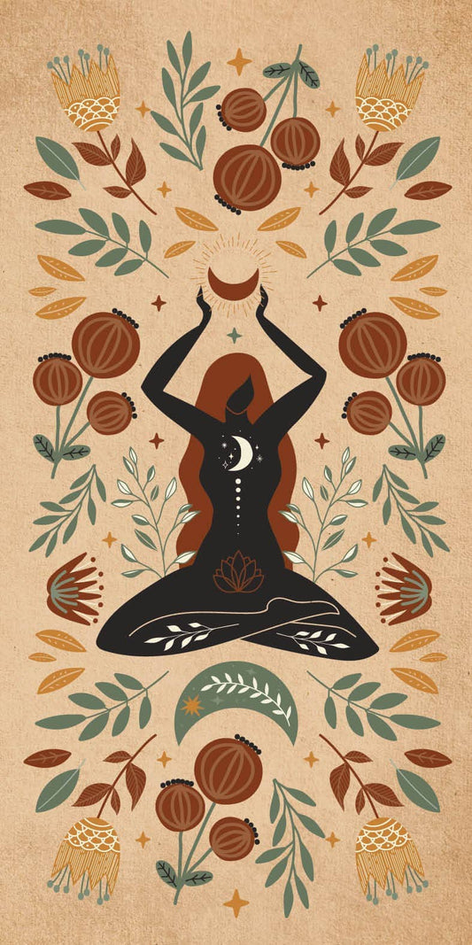 Artistic illustration of a woman meditating surrounded by floral motifs and symbols of Witch Magick