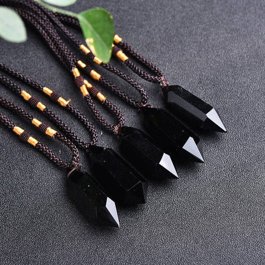 Five handcrafted Black Obsidian Pendants on braided cords for spiritual and healing practices