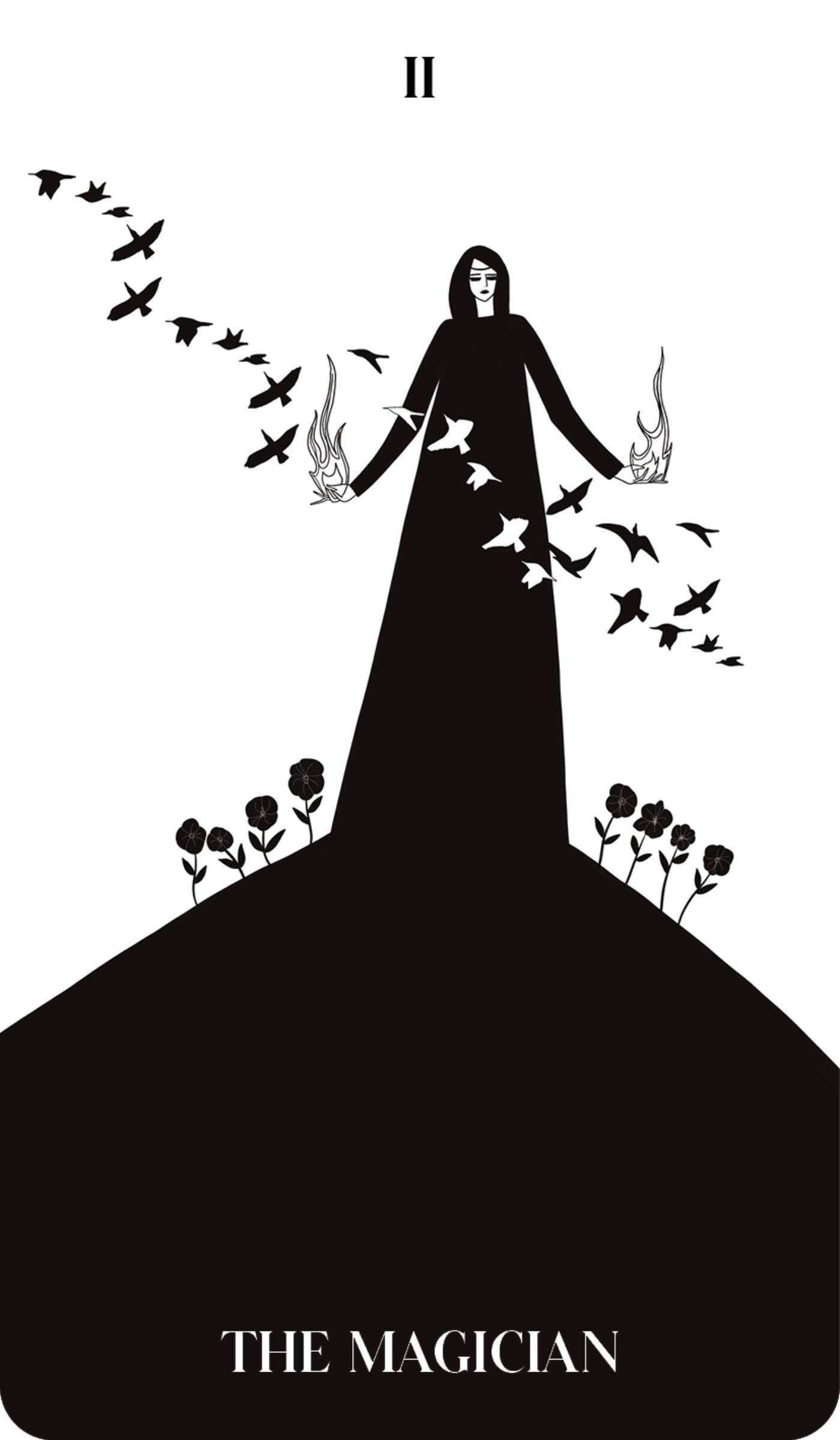 Black Violet Tarot card featuring The Magician with birds and flowers in a striking black and white design