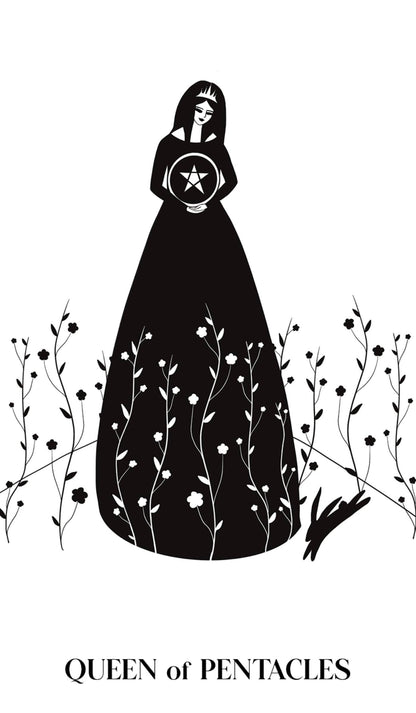 Illustration of Queen of Pentacles with a pentacle, featuring Black Violet Tarot design elements