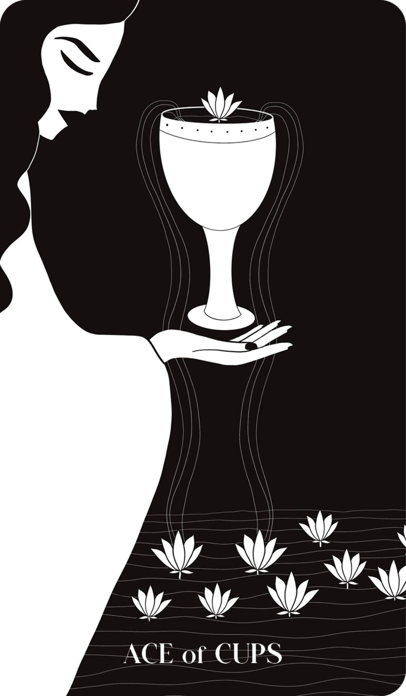 Black Violet Tarot Ace of Cups Card Featuring a Woman Holding a Cup with Lotus Flowers