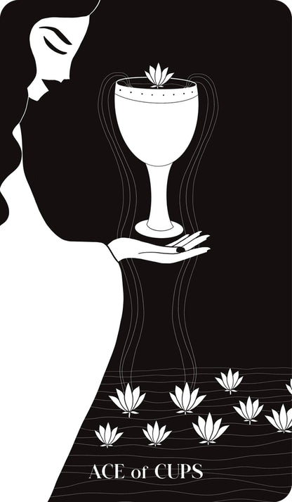 Black Violet Tarot Ace of Cups Card Featuring a Woman Holding a Cup with Lotus Flowers