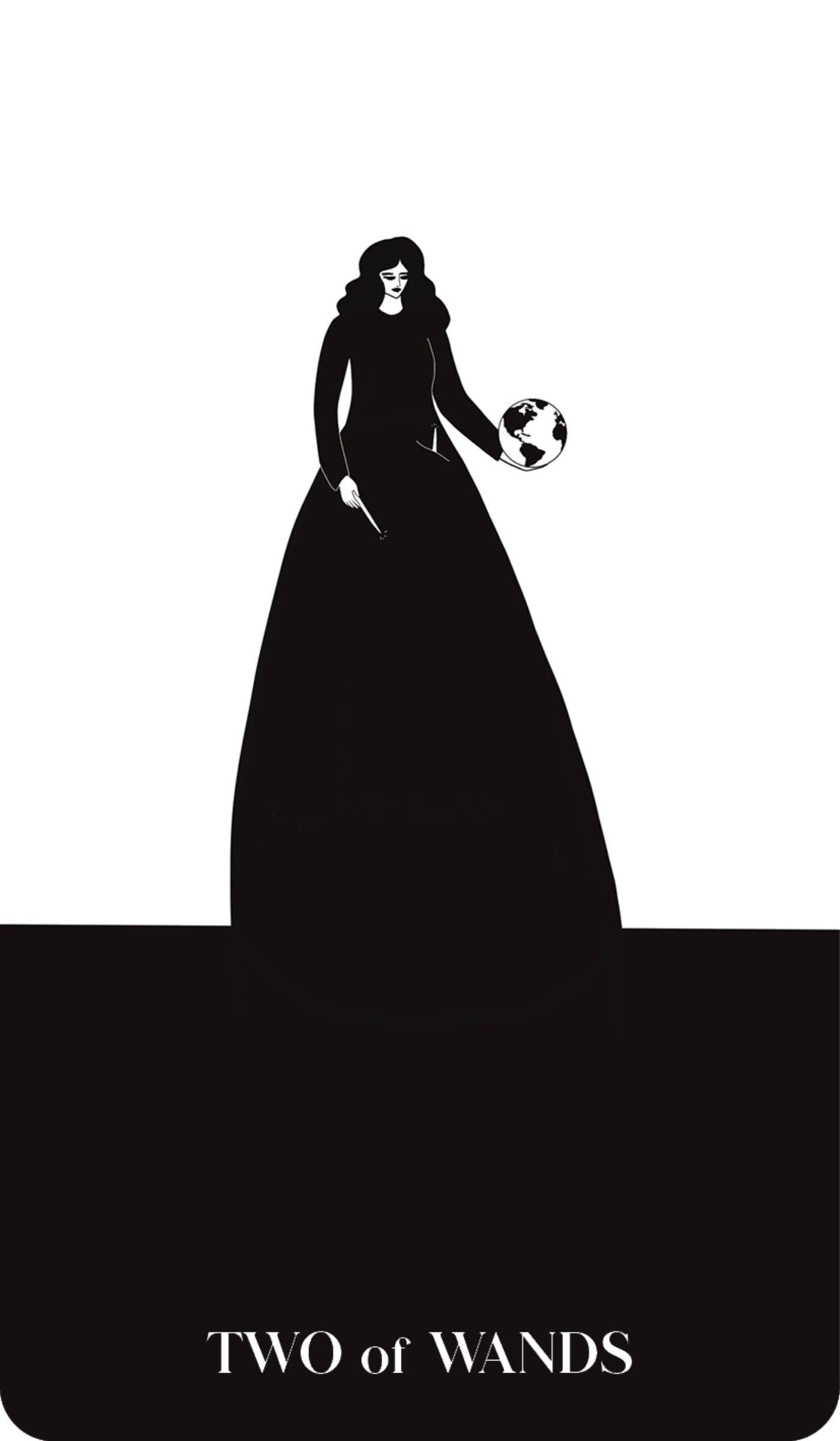 Black Violet Tarot card featuring the Two of Wands with a woman holding a globe