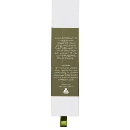 Bloom Incense Sticks - Rose Geranium & Bergamot in elegant packaging promoting uplifting floral scents