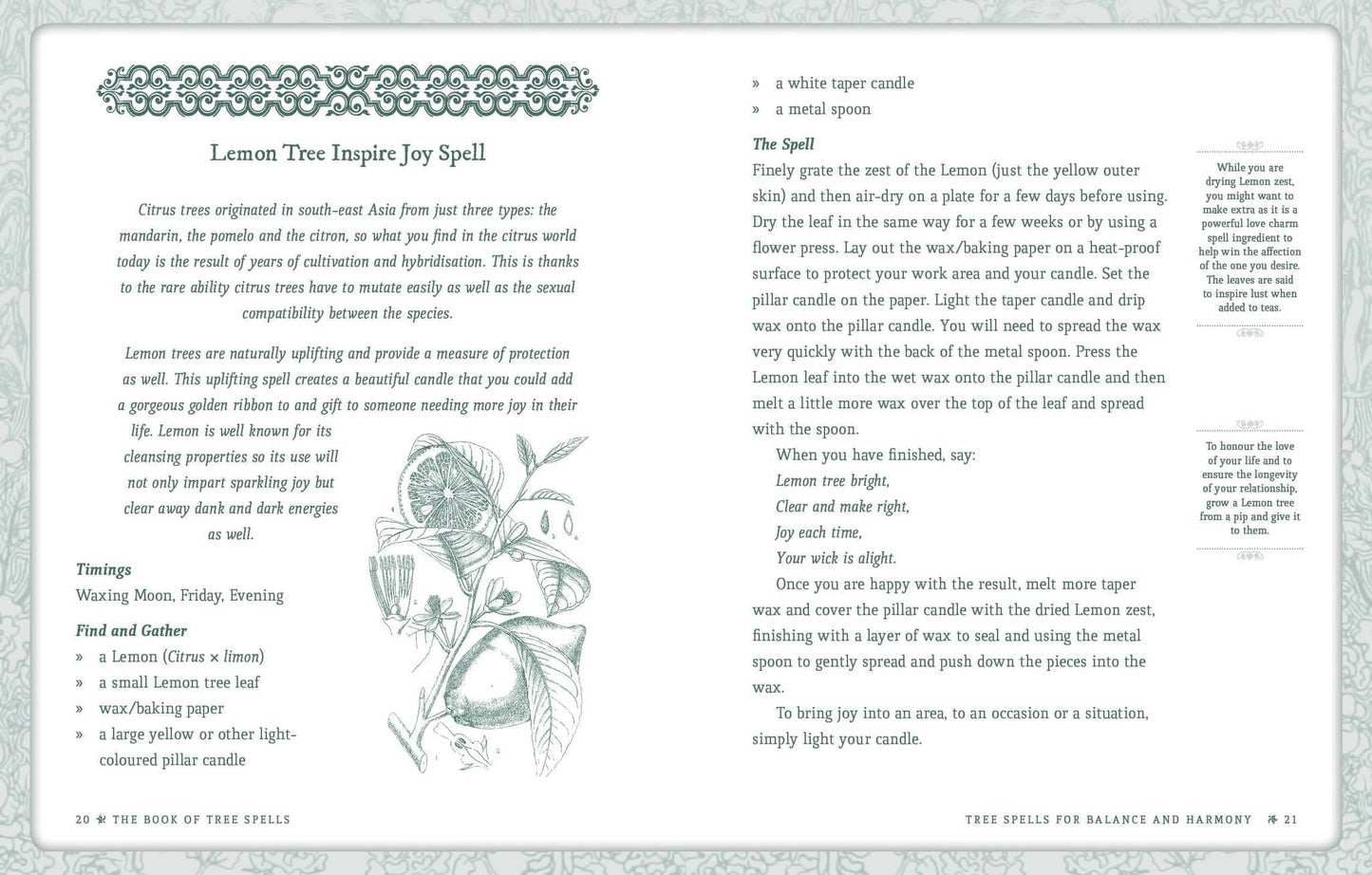 Page from the Book of Tree Spells by Cheralyn Darcey featuring a Lemon Tree Inspire Joy Spell