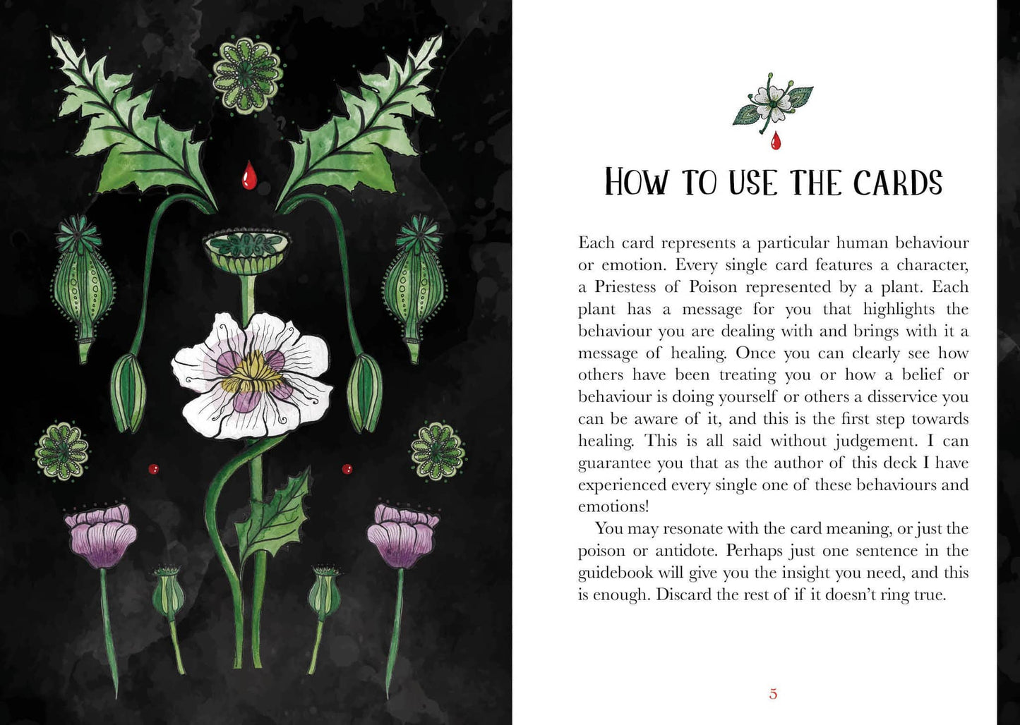 Deadly Apothecary Oracle - Priestess Moon guide showcasing plant illustrations for card instructions