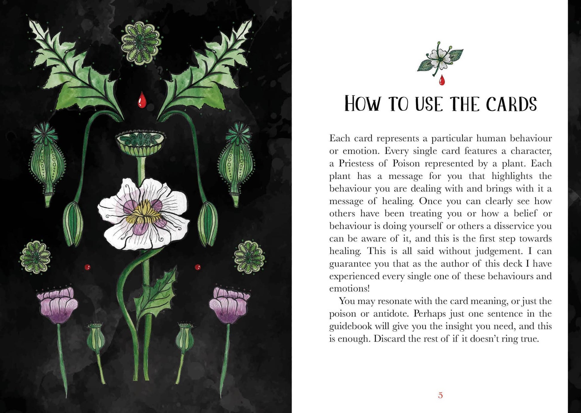 Deadly Apothecary Oracle - Priestess Moon guide showcasing plant illustrations for card instructions