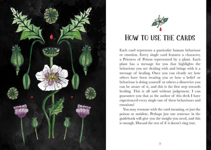 Deadly Apothecary Oracle - Priestess Moon guide showcasing plant illustrations for card instructions