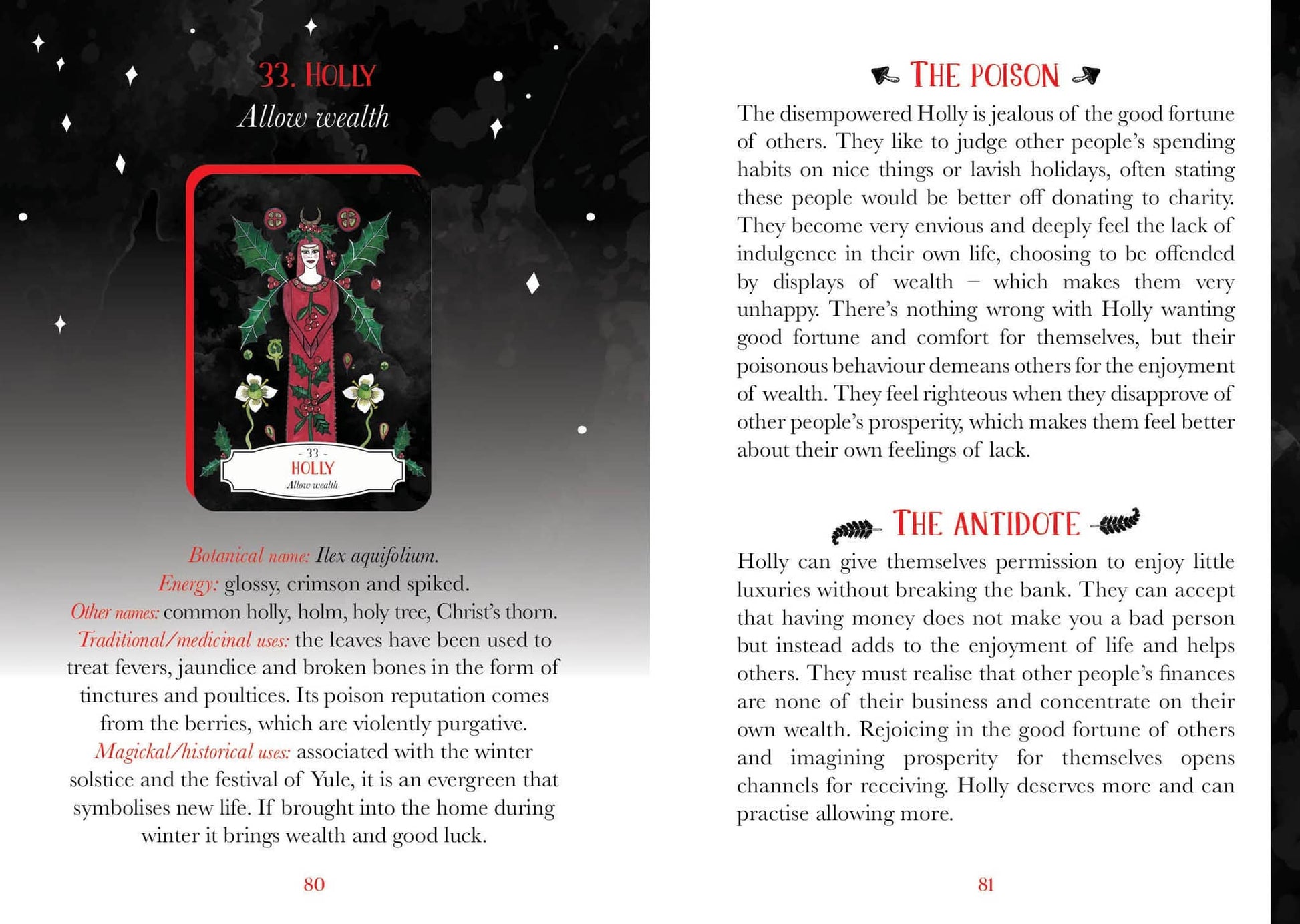 Deadly Apothecary Oracle - Priestess Moon page featuring Holly, discussing wealth and indulgence in a mystical setting