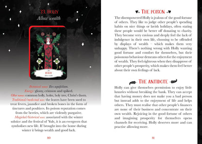 Deadly Apothecary Oracle - Priestess Moon page featuring Holly, discussing wealth and indulgence in a mystical setting