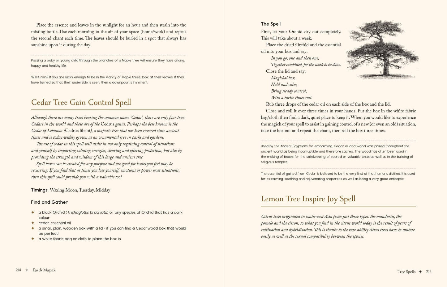 Pages from Earth Magick - Cheralyn Darcey featuring Cedar Tree Gain Control Spell and Lemon Tree Inspire Joy Spell