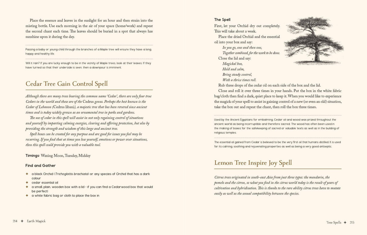 Pages from Earth Magick - Cheralyn Darcey featuring Cedar Tree Gain Control Spell and Lemon Tree Inspire Joy Spell