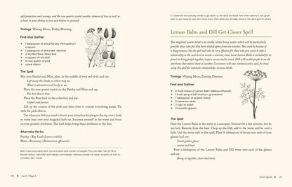 Page from Earth Magick - Cheralyn Darcey featuring a spell for Lemon Balm and Dill with herbal illustrations