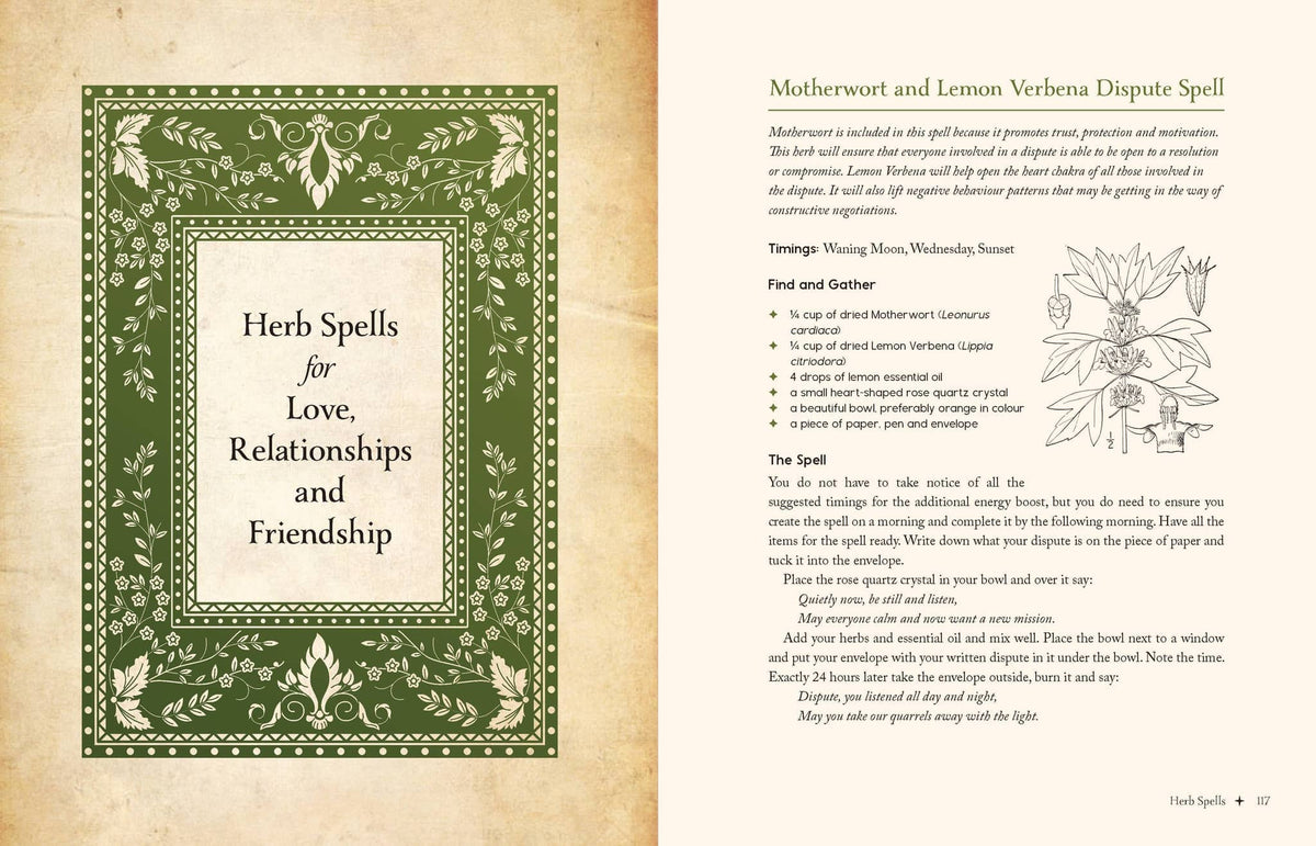 Earth Magick - Cheralyn Darcey book page featuring Herb Spells for Love and Friendship with decorative border