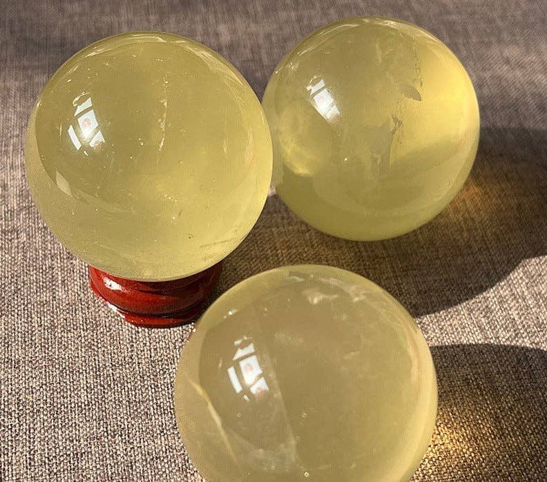 Three Genuine Natural Citrine Crystal Spheres on Wooden Stands for Home Decor and Meditation