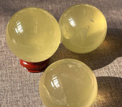 Three Genuine Natural Citrine Crystal Spheres on Wooden Stands for Home Decor and Meditation