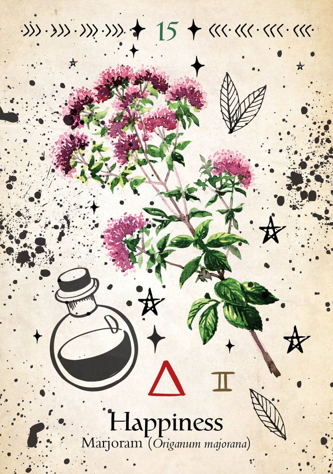Green Witch Oracle card featuring Marjoram plant symbolizing happiness and herbal magic