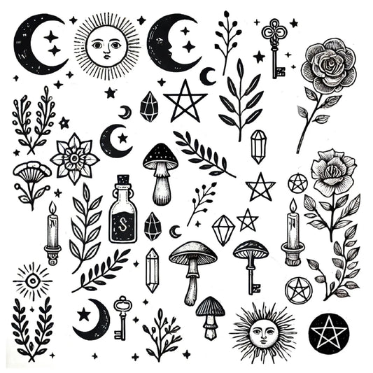 Black Dahlia Botánica tattoo flash sheet featuring bold, artistic designs in black ink on white background.