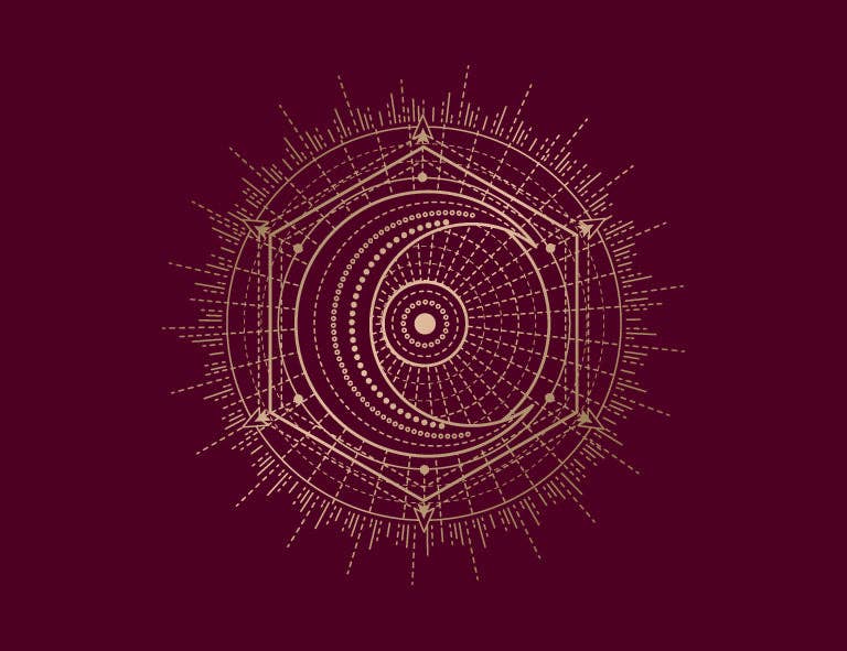 Intricate geometric design featuring symbols related to spells on a maroon background