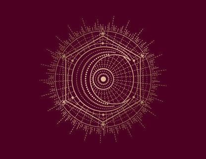 Intricate geometric design featuring symbols related to spells on a maroon background