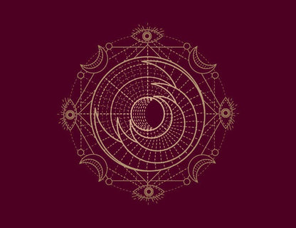 Intricate circular design with mystical symbols representing spells and spiritual energy