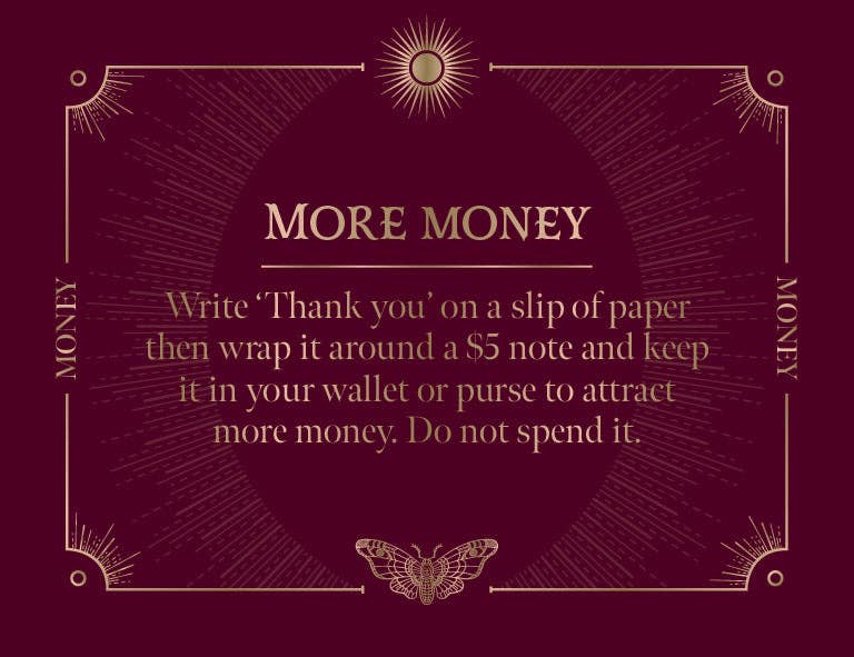 More Money spell instructions on a dark red background for attracting wealth and abundance
