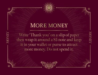 More Money spell instructions on a dark red background for attracting wealth and abundance